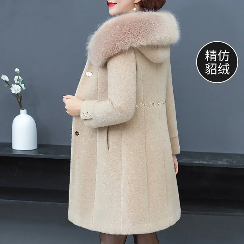 

Long Mink Velvet Jacket Women Overcoat NEW Fall Winter Hooded Mother Casual Woolen Coat Korean Loose Wool Windbreaker Outwear