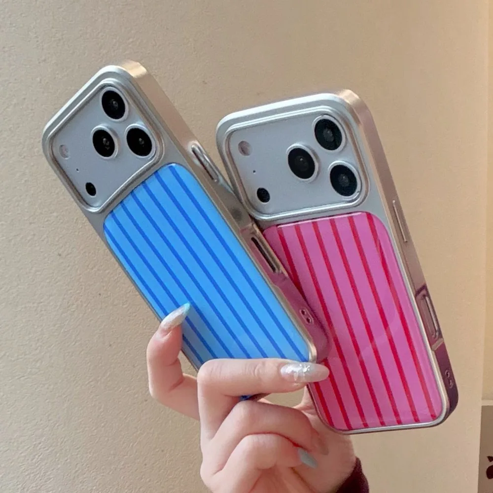 Couple's Striped Pattern Phone Case with Luxury Matte Frame and Glossy Shockproof Protection