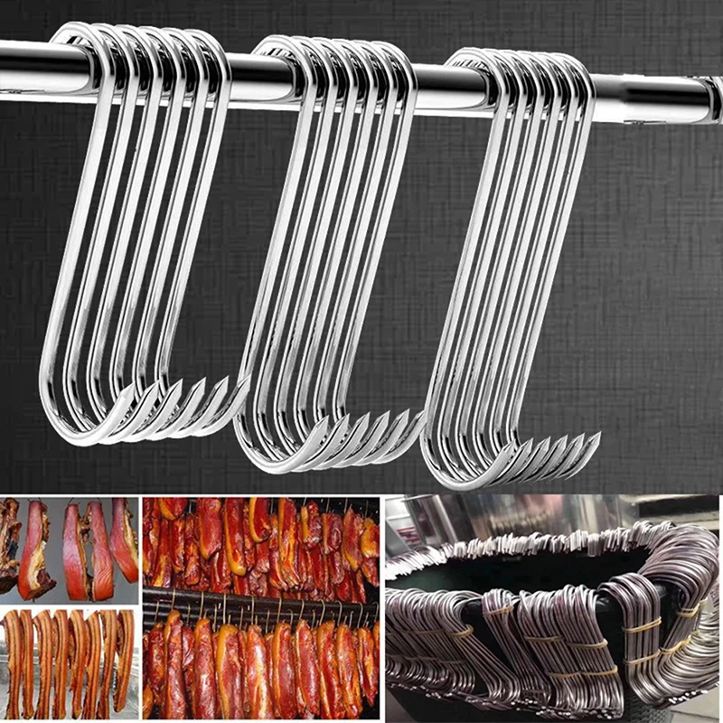 

10Pcs Stainless Steel S Hooks with Sharp Tip Butcher Meat Hook Tool for Hot and Cold Smoking Sausage Grill Duck Hanging Hooks