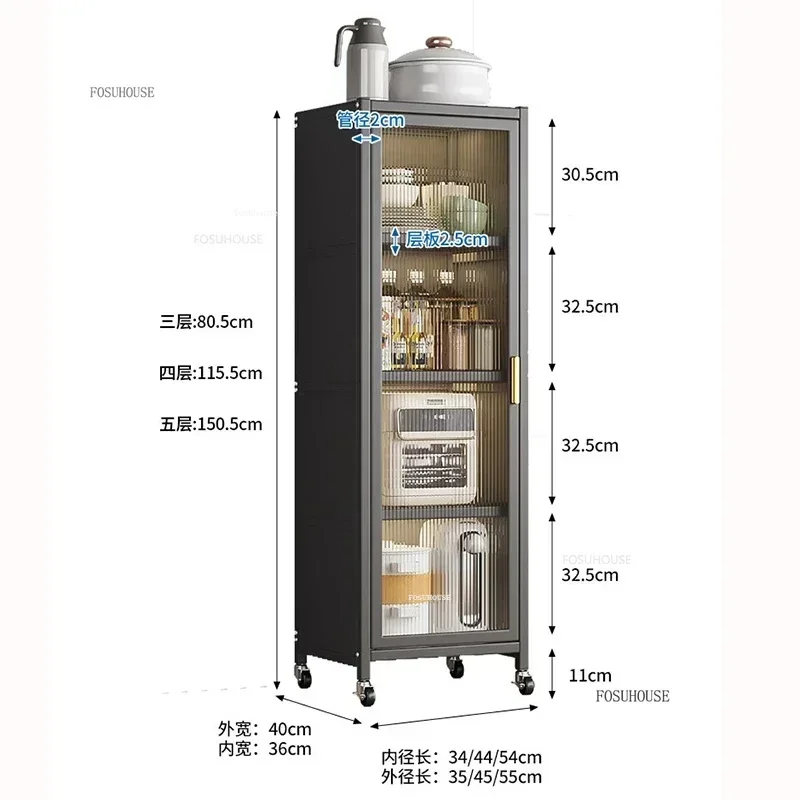 Nordic Metal Kitchen Cabinets Multi-layer Storage Rack with Wheels Refrigerator Seam Cabinet Home Cupboard Storage Cabinet
