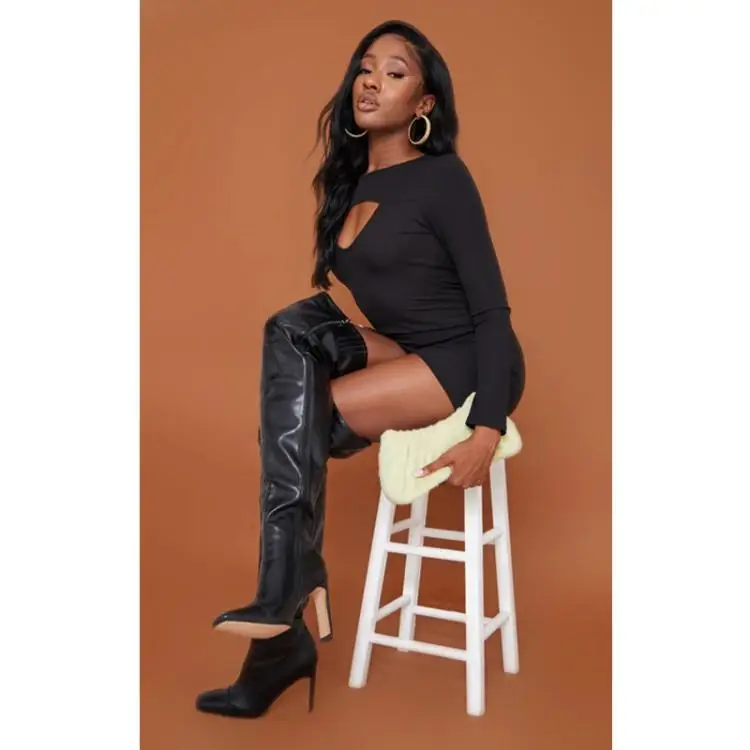 

New Square Head High Heel Over The Knee Western Boots Solid Color Side Zipper Large Size Rubber Mesh Breathable Women's Shoes