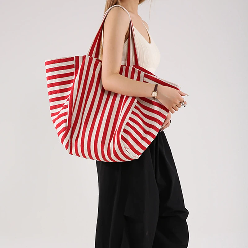 Women Portable Shoulder Bag Thin Canvas Handbag Stripes Design Large Capacity Shopping Tote Cute Cloth Books Pack