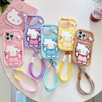 For iPhone 16 15 14 13 12 11 Pro Max X XR Xs Max 6 7 8 3D Cartoon Hello Kitty Silicone Phone Case With Wrist Strap Cute Cover 1
