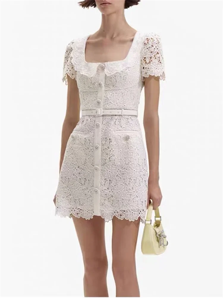 

Women's Mini Dress 2024 New Lace Crochet Square Collar Sashes Single Breasted Elegant Slim Vintage Short Sleeve Robe