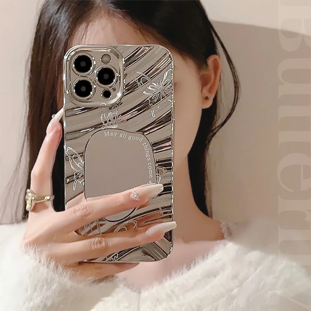 Electroplated Mirror Pink Butterfly Phone Case For iPhone 16 13 11 12 14 15 Pro Max Luxury Plating Wavy Shockproof Makeup Cover