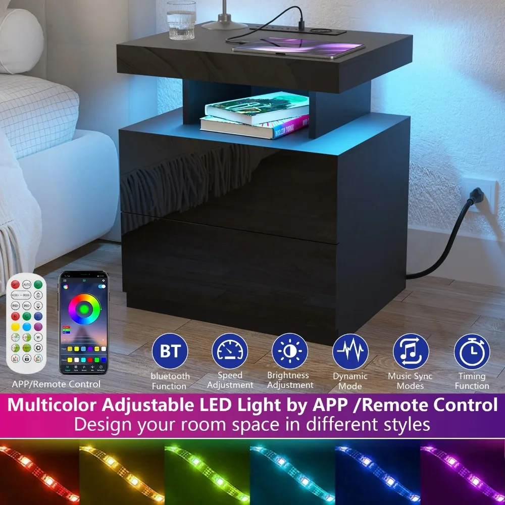LED Nightstand with Wireless Charging Station Modern Nightstand Type C USB Port 2 Drawers Bedside Table Black Smart Night Table 3