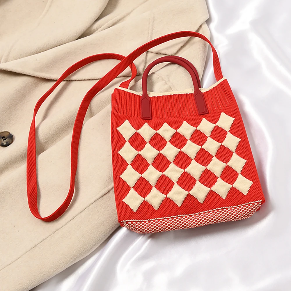 Large Capacity Knit Handbag Women Shoulder Bag Female Casual Simple Stripe  Plaid Tote Bag Student Reusable Canvas Shopping Bag _ - AliExpress Mobile