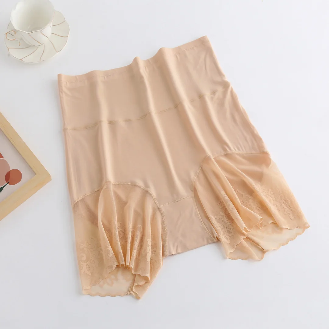 New women Large size sexy lace antiwiping safety pants Female high waist tummy modal transparent mesh shorts 145kg