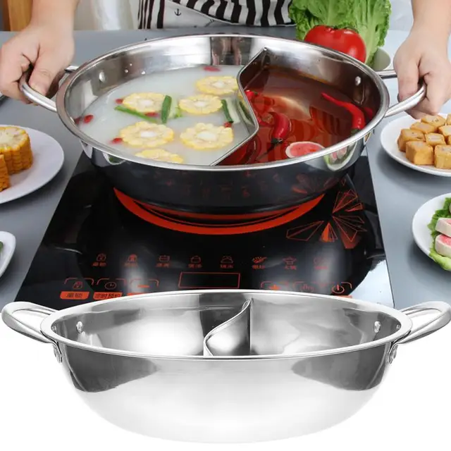  Split Hot Pot Pan,CNCEST 304 Food Grade Stainless Steel Divided  Hot Pot Pan with Divider and Lid Shabu Shabu Hot Pot for Induction Cooktop  Gas Stove Dual Sided Soup Cookware with