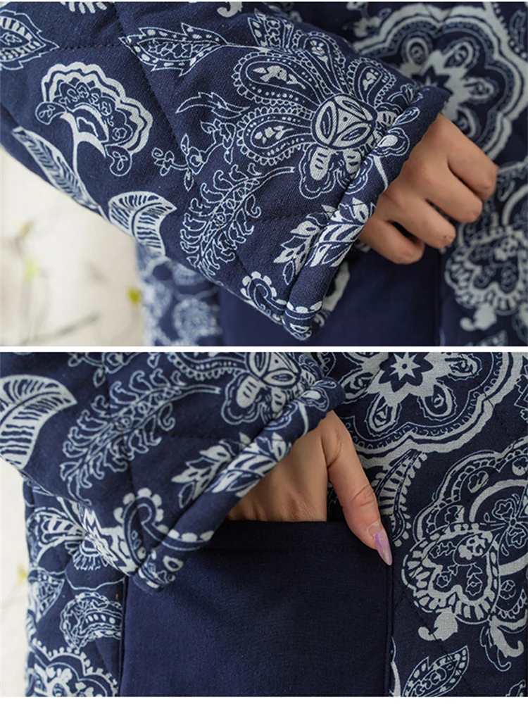 Ethnic Style Cotton Women Winter Vintage Single Breasted Coat Casual Loose Long Blue Floral Elegant Ladies New Jacket Outerwear