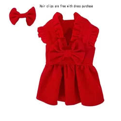 Winter Warm Puppy Princess Dress with Bow Knot - Solid Color Skirt & Hair Clip Set - XXL (Red dress and bow)