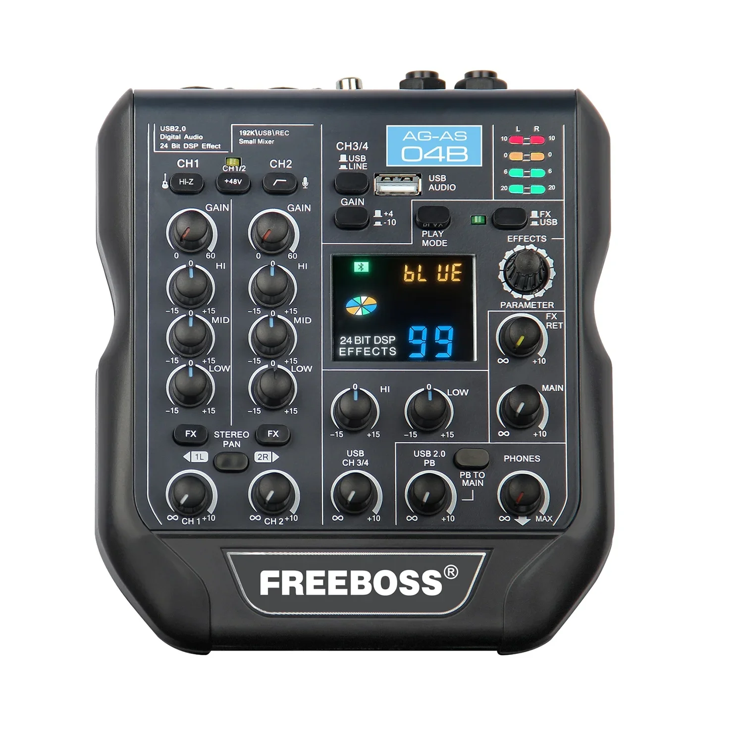 

FREEBOSS Mini Sound Card Mixer Audio 48V Phantom Power 24Bit 192KHz 99 DSP Effect Bluetooth USB Stereo Record Broadcast AG-AS04B