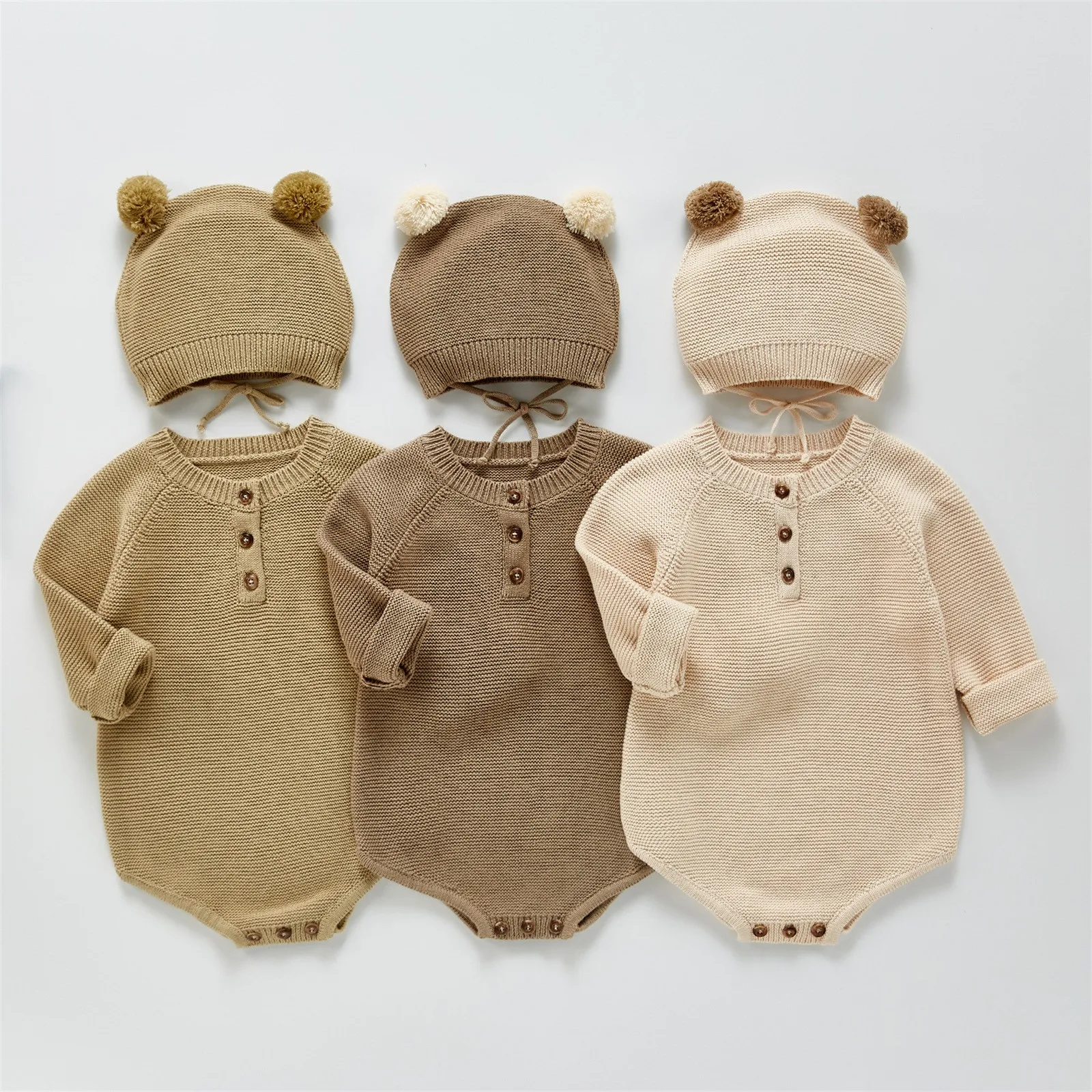 

1 2 3 Years Toddler Baby Clothes Boys Girl Knitted Rompers Solid Sweater Top+Bear Ear Hats Infant Outfits Spring Autumn Clothing