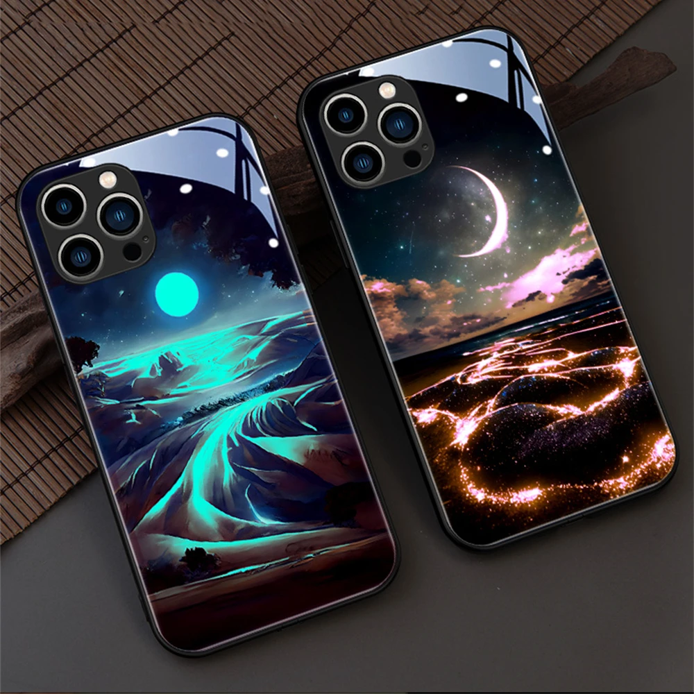 Blue Starry Desert Luminous Glass LED Call Light Up Phone Case For Samsung S24 S23 S22 S21 S20 FE Note 10 20 Plus Ultra A54 A14