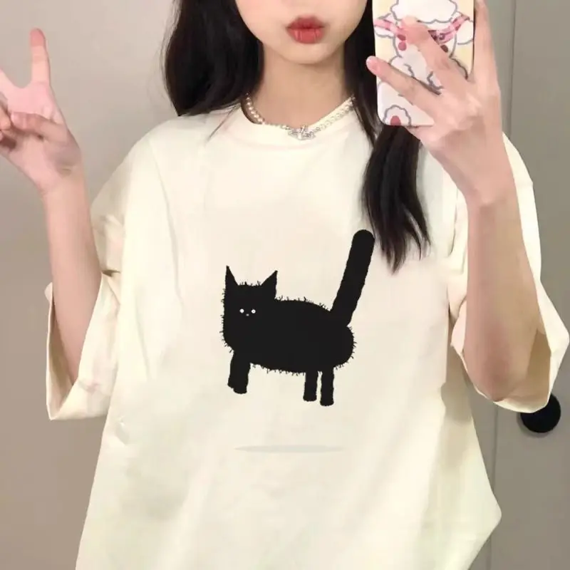 

Cat printed cotton short-sleeved T-shirt for women 2024 new summer Korean trendy brand bottoming shirt half-sleeved T-shirt top