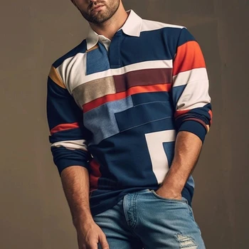 Polo a righe casual semplici per uomo Polo da uomo alla moda da lavoro a maniche lunghe stampata in 3D da indossare ogni giorno Top larghi e traspiranti