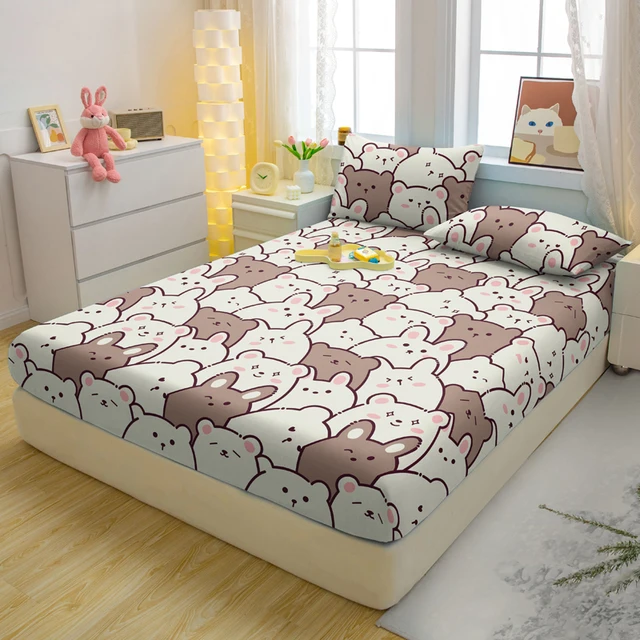 Ensemble de literie 3 pièces avec motif ours amusant, drap-housse, couverture de lit imprimée, dessin animé, chambre à coucher 4