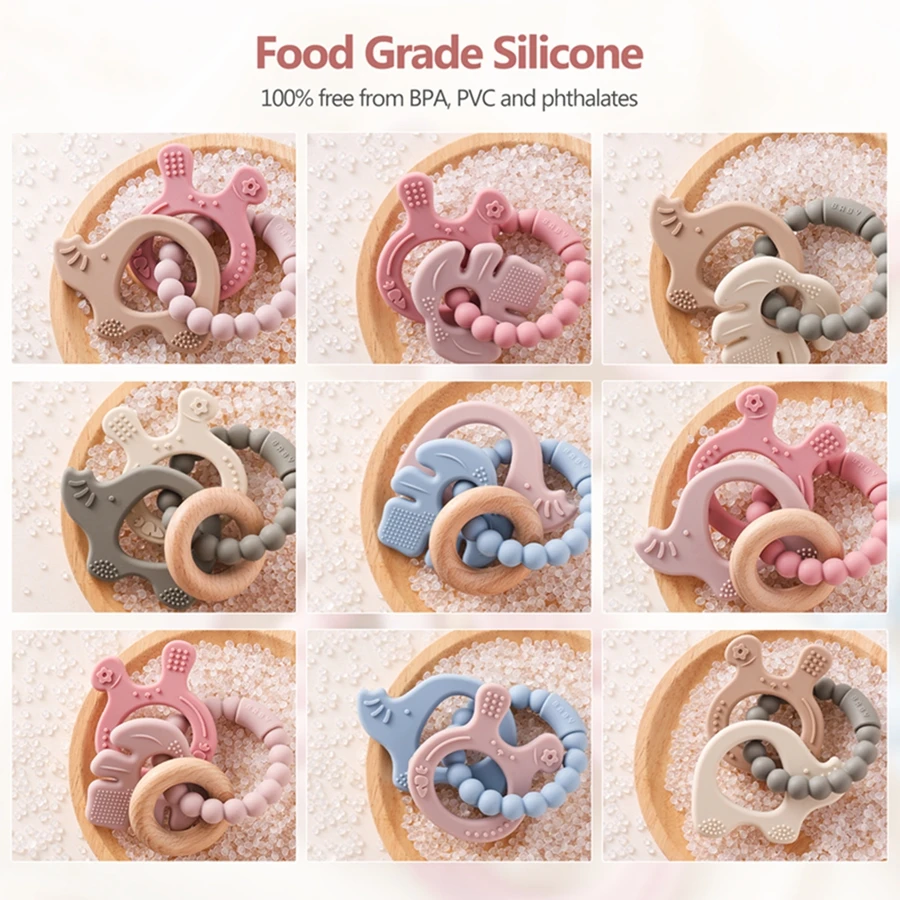 1Pc Baby Silicone Teether Toys BPA Free Silicone Bracelet Rabbit Teething Toys Wooden Ring Nursing Tooth for Newborn Gift