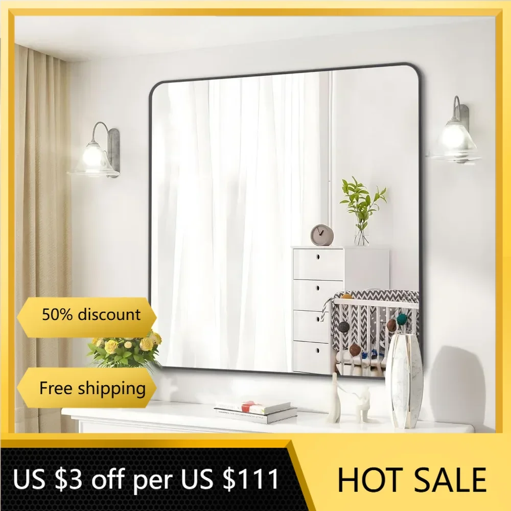 36" X 36"Bathroom Mirror Decorative Wall Mirrors Matte Black Wall Mirror With Metal Frame Room Decoration Home Decor Garden