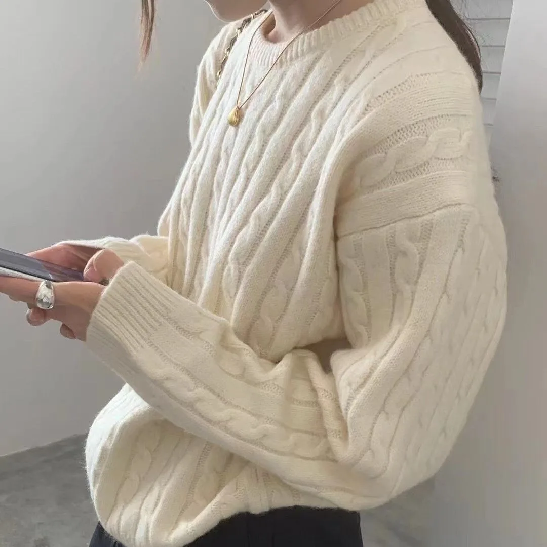 

Pullover sweater women's fashionable loose and versatile retro solid color knit top