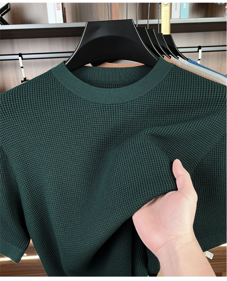 Hochwertiges Gestricktes Kurzarm-T-Shirt für Herren Sommer Trendiges Klassisches Einfarbiges Koreanisches Lässiges Bequemes Atmungsaktives Rundhals-Oberteil – Detail 16