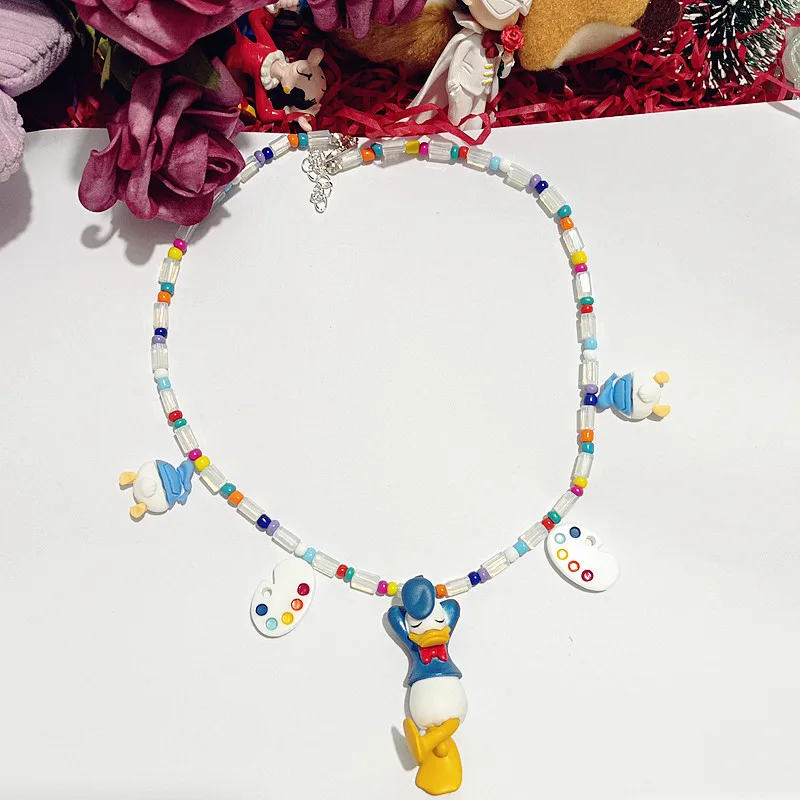 Disney Princess Cartoon Candy Acrylic Beads Donald Duck Drawing Board Flower Short Necklace Neck Chain Female