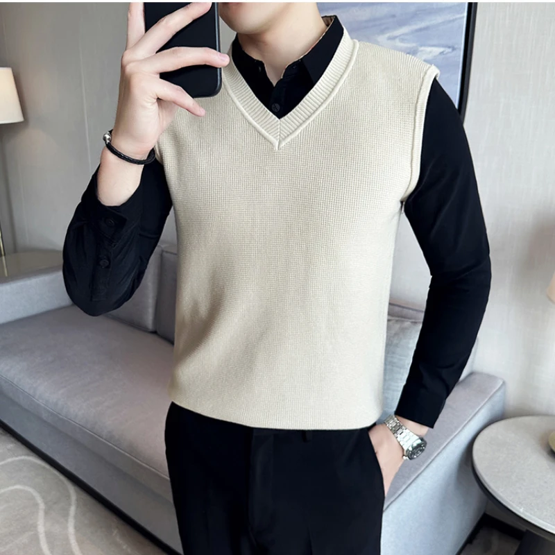 Fake 2 Pieces Shirt Collar Men's Winter High Quality Sweater Vest/Male Slim Fit Fashion Knitted Pullover/Man V-neck Sweaters 3XL