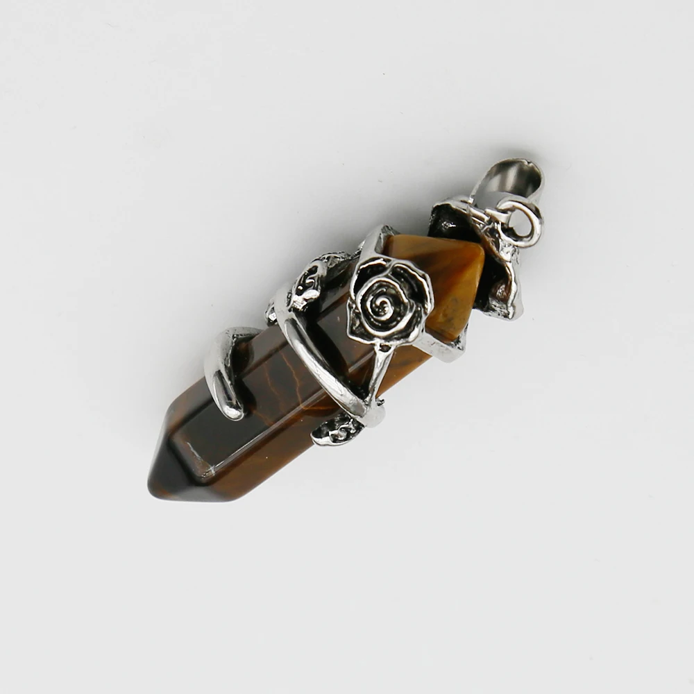 Free Shipping Natural Crystal Gem Hexagram Ancient Silver Rose Pendant Necklaces DIY Fashion Jewelry Accessories Wholesale 5Pcs