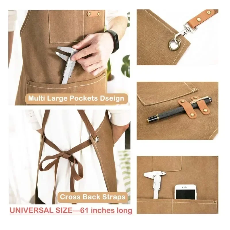 Household Canvas Apron Oil-proof  Can Wipe Hands  Kitchen CookingMen Women Adult With Tool Pockets Fashion Coffee Over  apron 6