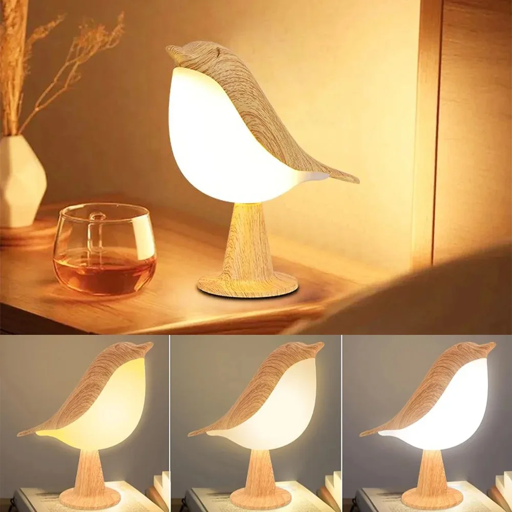 Rechargeable Wooden Bird Night Light with Touch Switch
