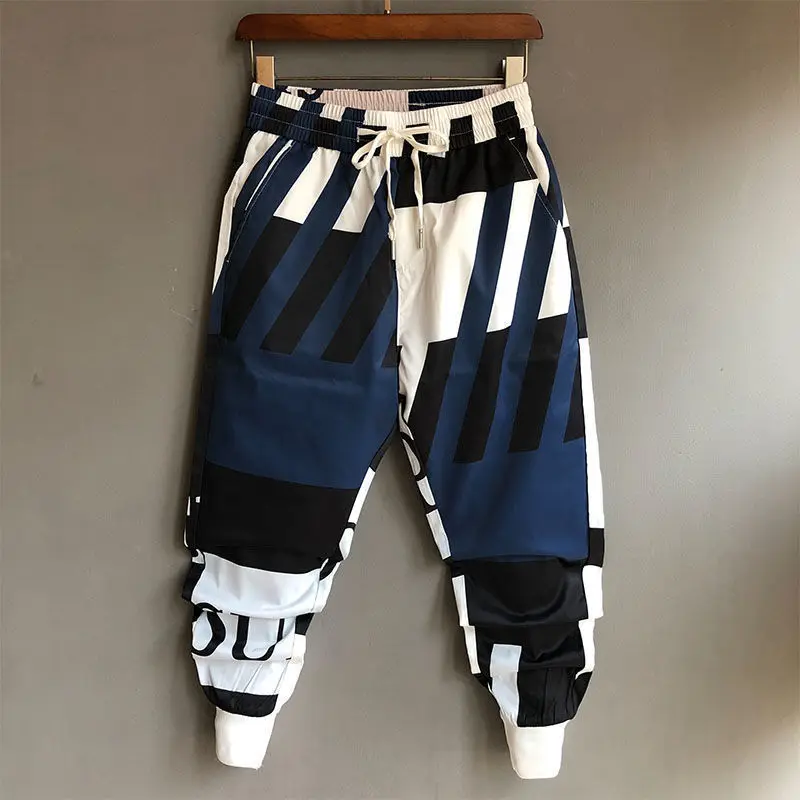 Summer Thin Fashion Elastic Waist Haren Pants Man High Street Loose Printing Y2K Pockets Patchwork Drawstring Ankle Length Pants