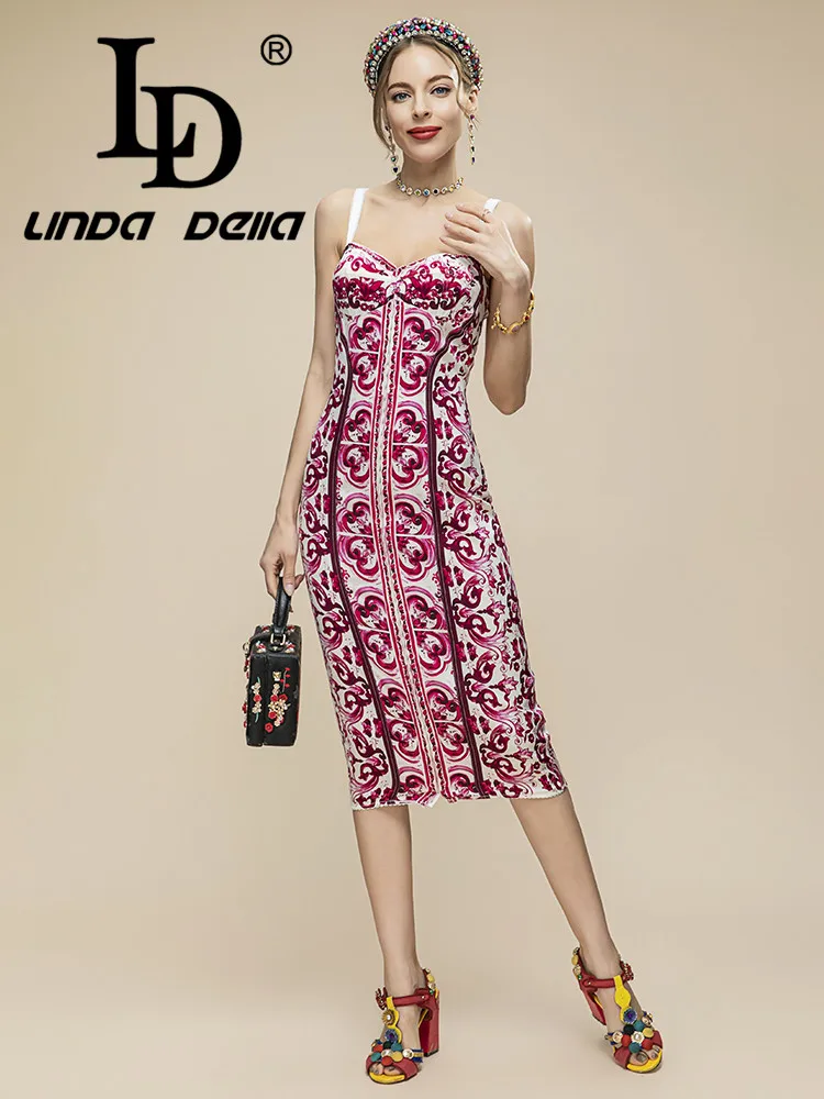 

LD LINDA DELLA 2023 Summer New Rose red Silk Strap Dress Beach Party Sexy Skinny Fanny Pack hip Mini Dress