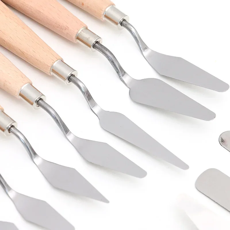 18pcs 고품질 스테인레스 스틸 유화 칼 세트 너도밤 나무 나무 손잡이 유화 스크레이퍼 그림 도구 미술 용품