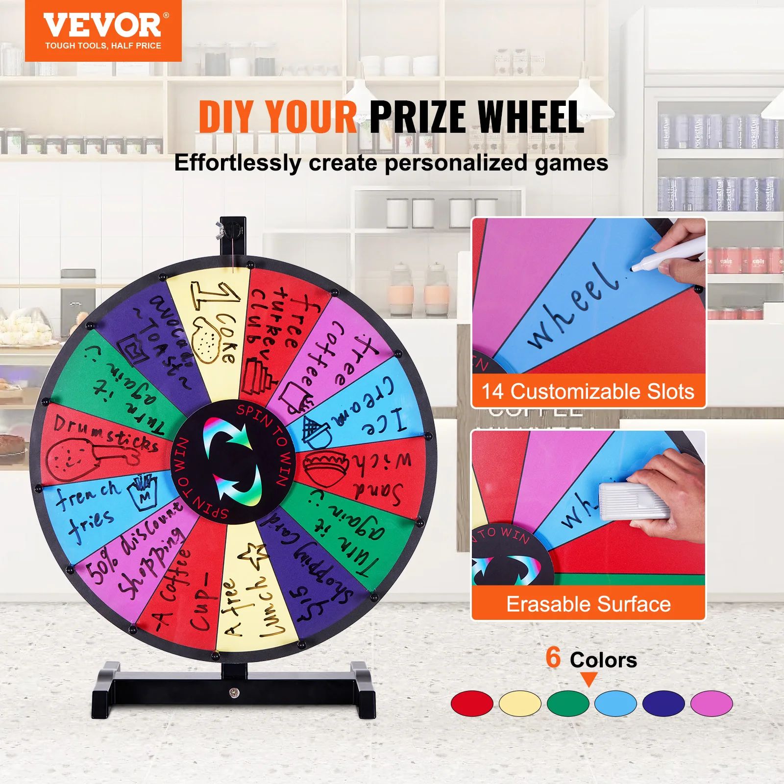 VEVOR 18/24/36 inch Spinning Prize Wheel 14 Slots Spinning Wheel Tabletop or Floor Standing Win Fortune Spin Games in Party Pub 2