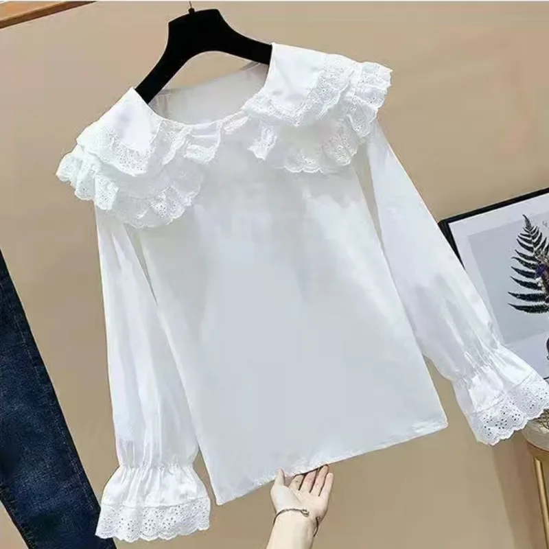 Spring Autumn Baby Toddler Teen Girls Sleeve School Girl Shirt Kids Pullover Tops Camisas Ruffles Lace Blouse White Long Sleeve
