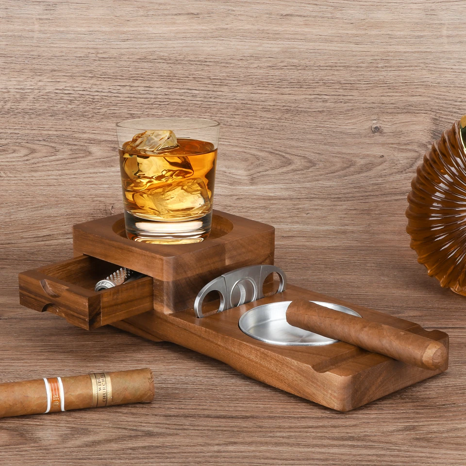 Luxury Wooden Whiskey Tray with Cigar Cutter