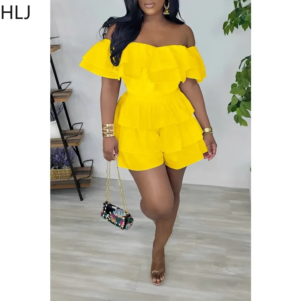 HLJ Fashion Off Shoulder Ruffle Ruched Design Rompers Women Short Sleeve Slim Jumpsuit Casual Female Solid Color Pleated Overall