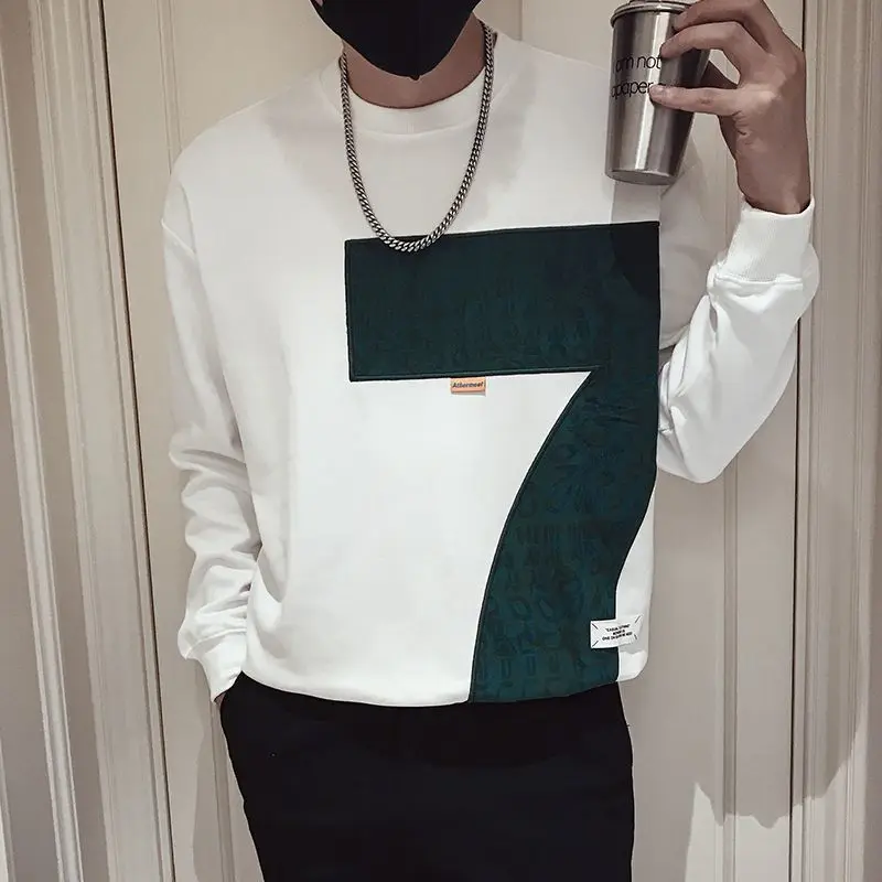 Casual Daily Round Neck Sweatshirts Letter Printed Spring Autumn Men's Clothing Stylish Patchwork Long Sleeve Korean Pullovers