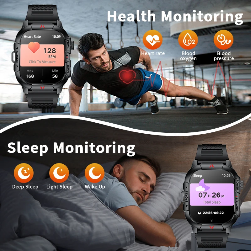 LIGE LED Flashlight Men Smart Watch Waterproof Watches 2.01-inch HD Screen Health Bracelet Military Outdoor Sport Smartwatch Man