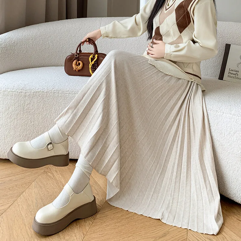 W72054# Pregnancy Skirt A Line Pleated Design Skirts Women Maxi Dress Vintage Casual Midi Maternity Skirt