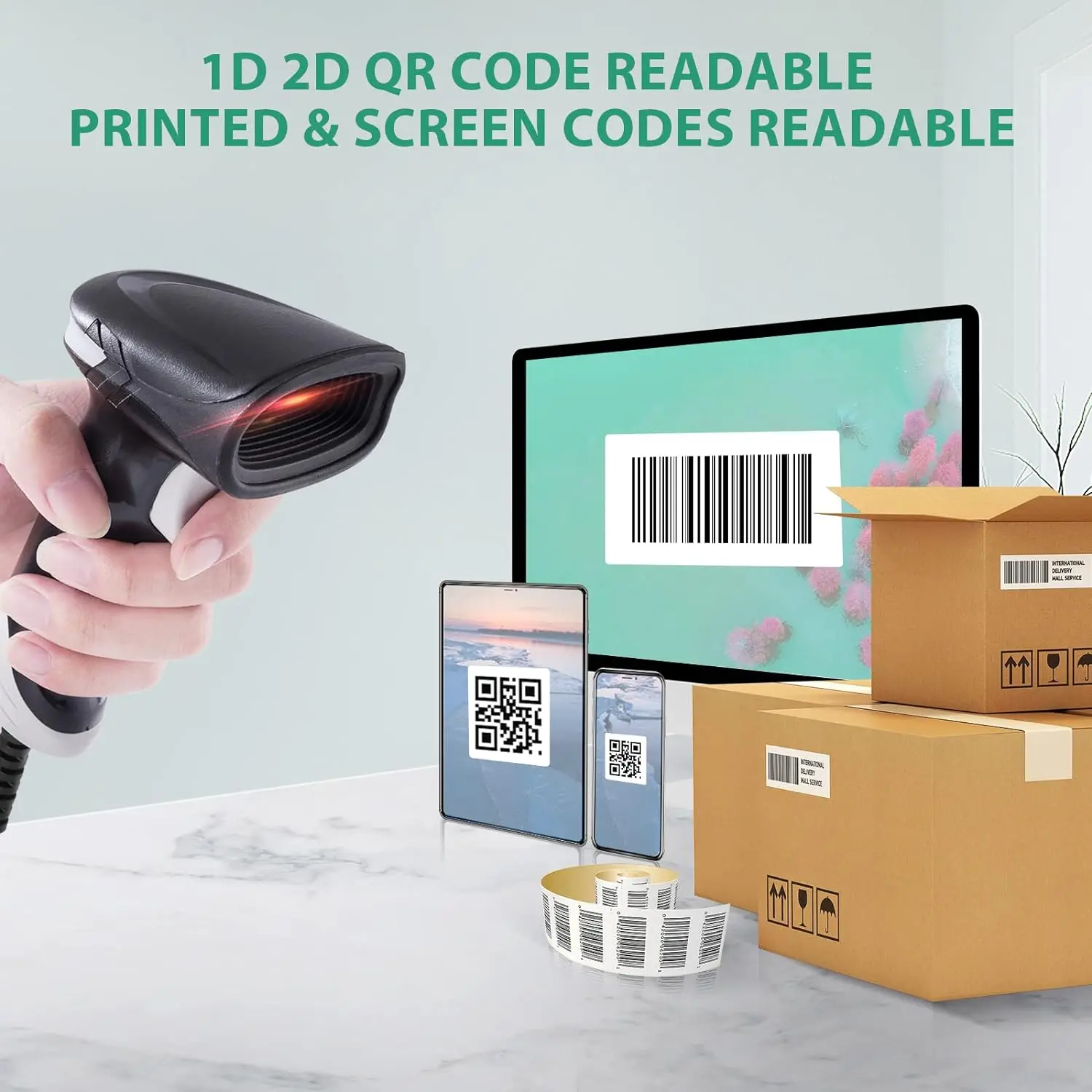 JRHC Barcode Scanner USB Wired QR Bar Code Scanner 2D Handheld Inventory Scanner Automatic UPC EAN Reader Library Book