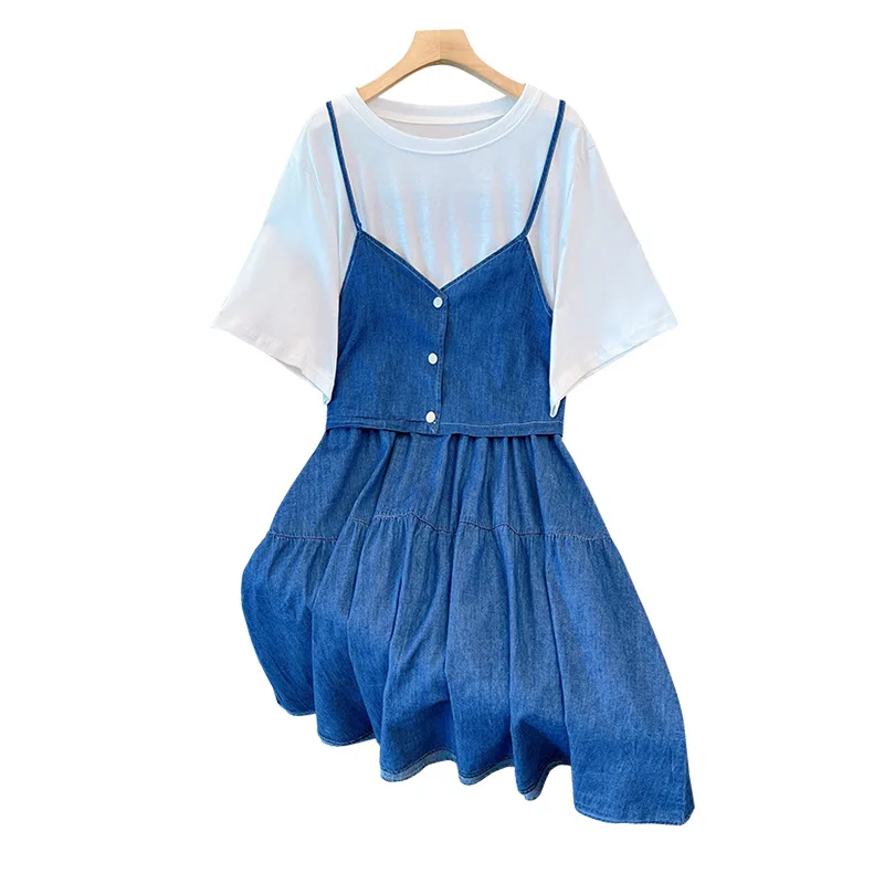 160Kg Plus Size Women\'s Bust 150 Summer Loose Strap Fake Two Piece Denim Dress Blue Large 5XL 6XL 7XL 8XL 9XL