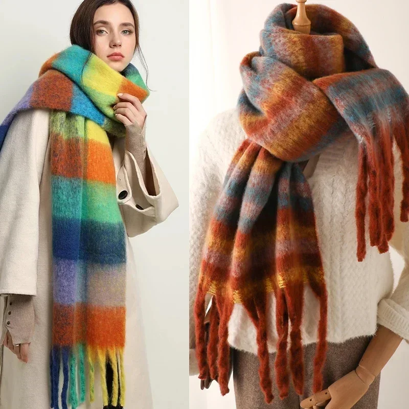 2022 New Women Plaid Scarf Winter Pashmina Shawls Cashmere Thick Wraps Lady Tassel Warm Scarves Rainbow Hairy Bufanda 2023 women plaid blanket scarf winter luxury pashmina shawl cashmere thick wraps lady tassel warm scarves rainbow fluffy bufanda