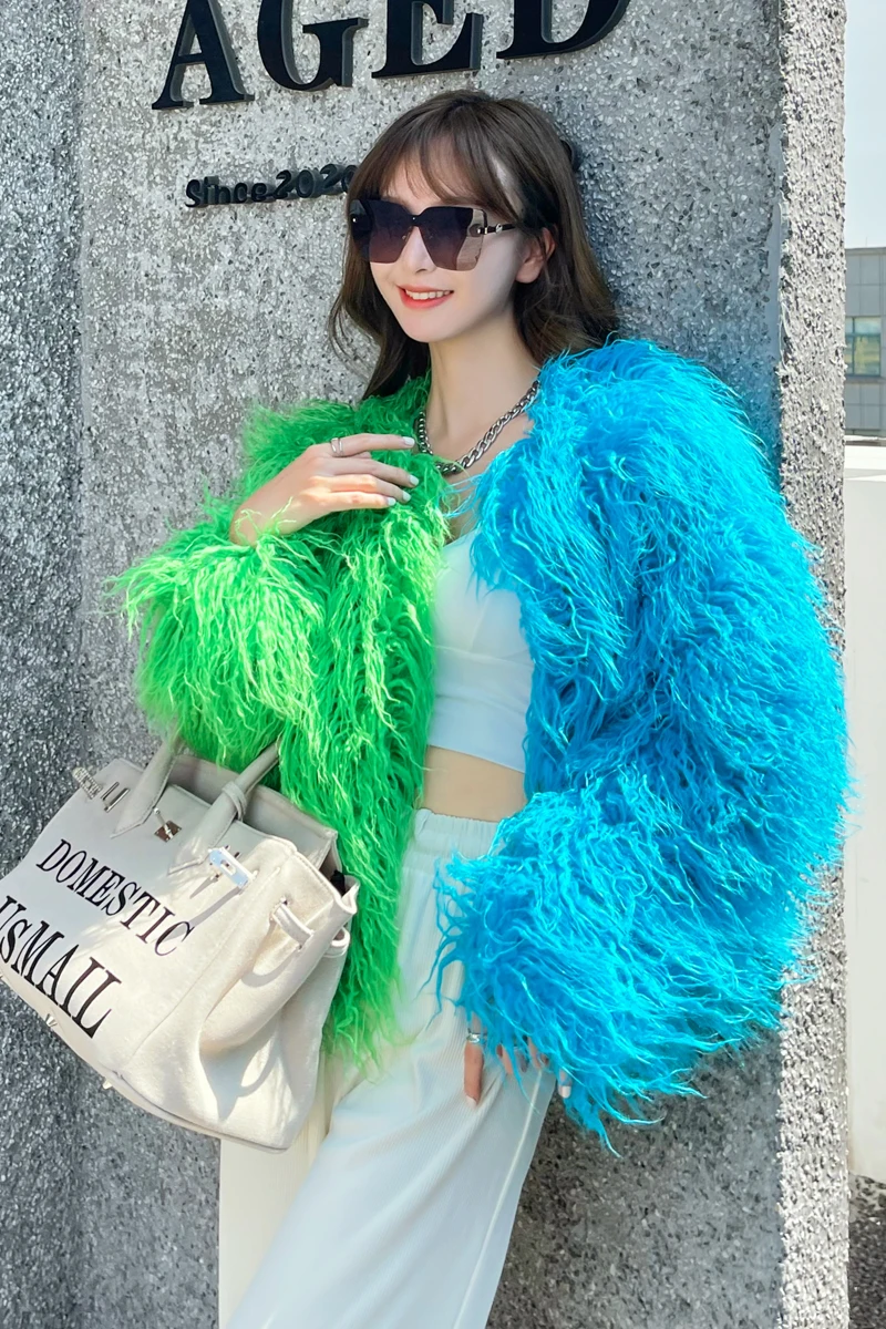 2023 Winter Color Contrast Patchwork Furry Coat Korean Style Environmentally Friendly Fur Blue Beach Wool Green Faux Fur Coats