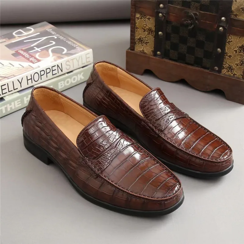 

Business Casual Style Authentic Real Crocodile Skin Men's Brown Moccasins Genuine Alligator Leather Male Slip-on Dress Loafers