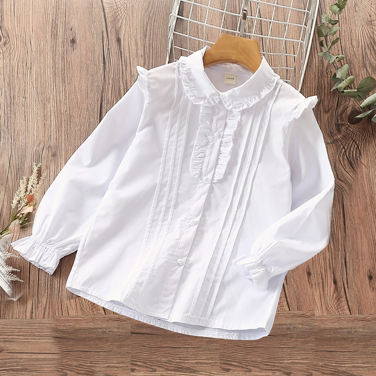 Girls Ruffled Shirt Kids White Clothes Teenagers Preppy Blouse Fashion Infant Tops School Uniforms Shirts Long-Sleeve Clothing