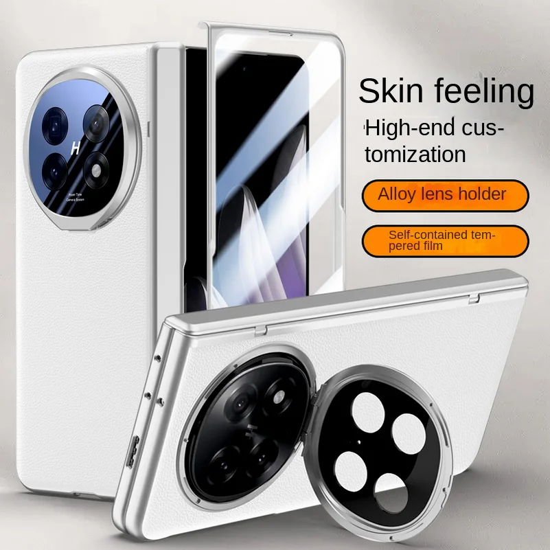Leather Case with Privacy Screen & Tempered Glass Protector - All-Inclusive Design with Spring-Hinged Camera Holder Cover
