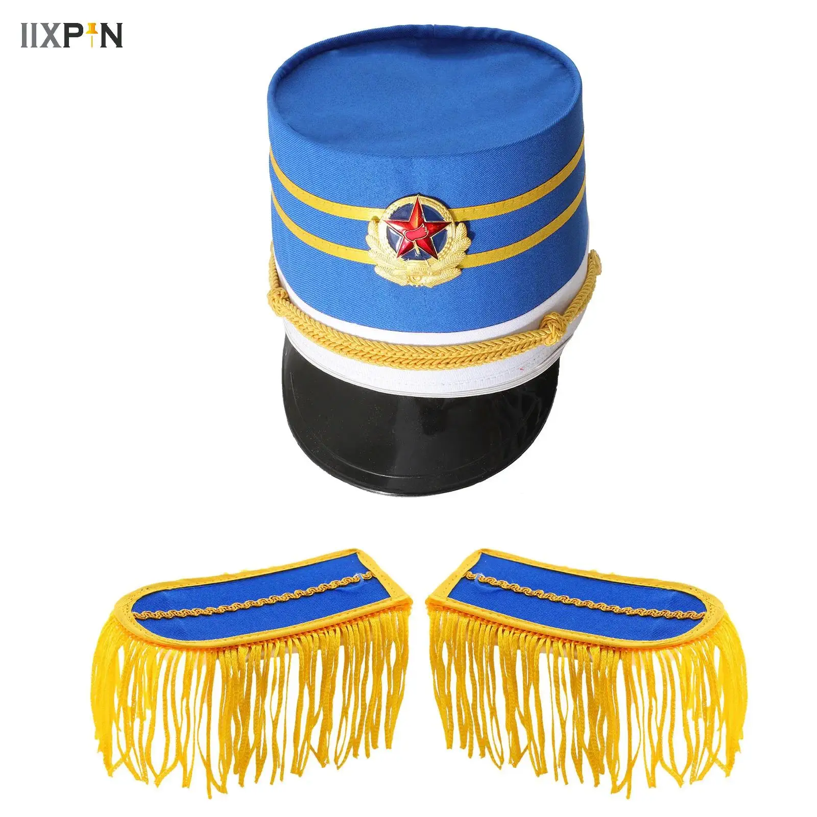 Children Party Drum Band Costume Accessory 1 Pair Tassel Shoulder Boards with Pin and Top Hat for Halloween Stage Performance