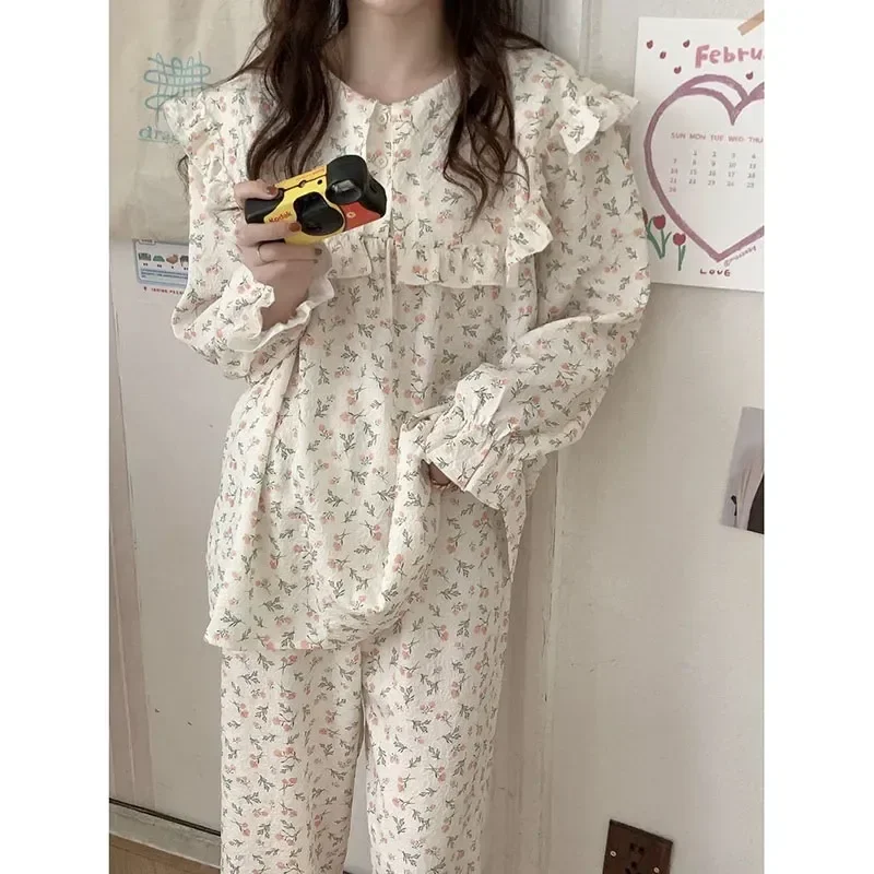 

Sets Pants New Sleepwear 2023 Long Korean Suit Pajama Pieces Floral Sleeve Women Ruffles Print For 2 Autumn Piiama Fashion