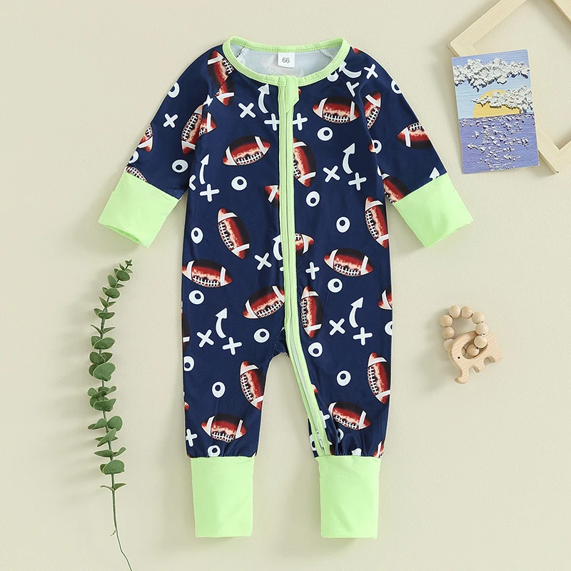 

2023-09-08 Lioraitiin 0-18M Newborn Baby Boys Rugby Romper Long Sleeve Football Print Zip Up Jumpsuits Outfit Baby Clothing